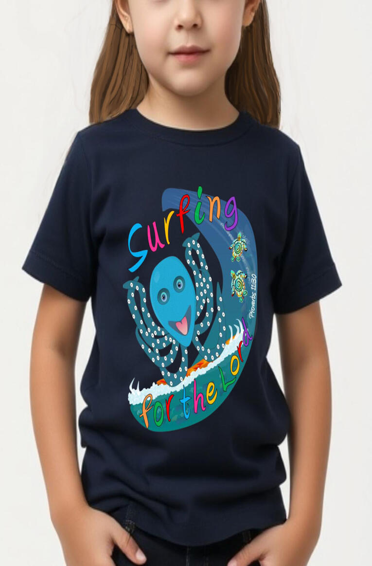 Surfing For The Lord Girl's Christian T-shirt, featuring an Octopus on a surfboard, riding on a wave.