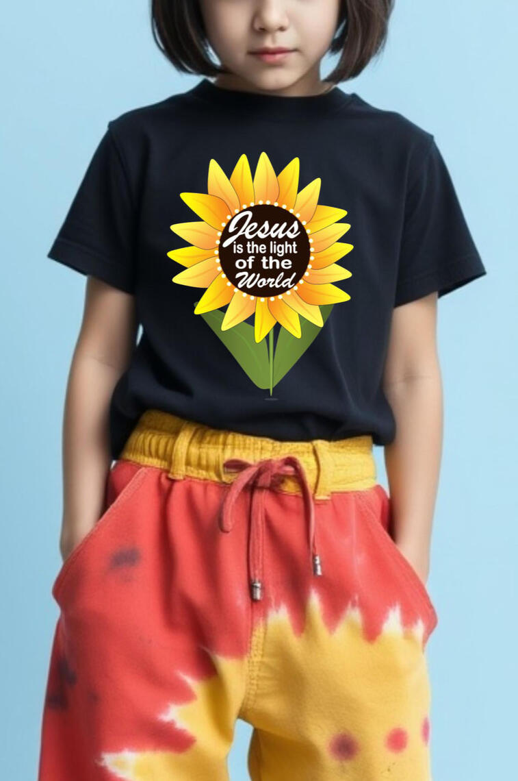 Jesus Is The Light Of The World Girl's Christian T-shirt. Featuring a Sunflower.