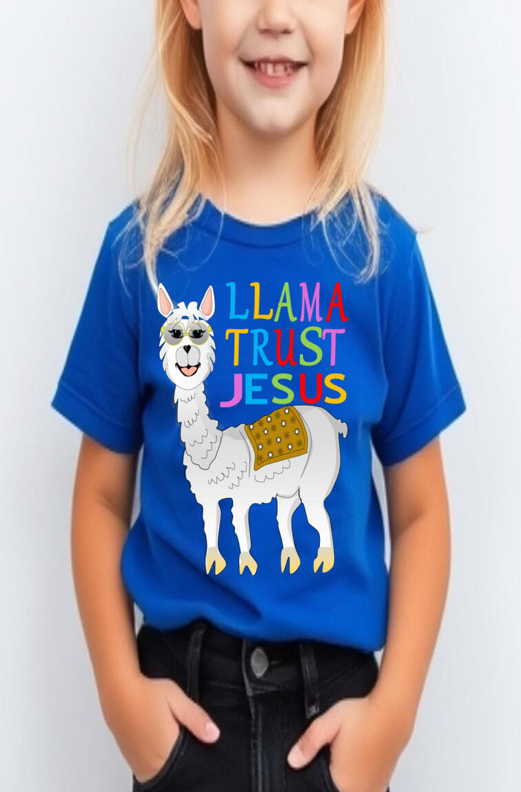 Llama Trust Jesus Girl's Christian T-shirt, featuring a Llama wearing glasses.