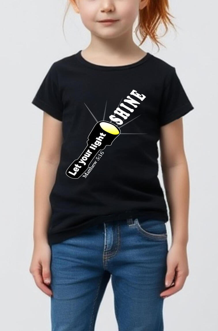 Let Your Light Shine Girl's Christian T-shirt, featuring a flashlight.