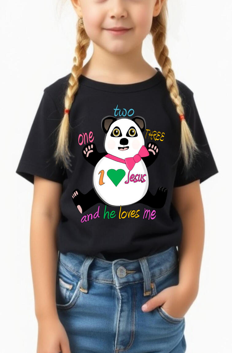 One, Two, Three, I Love Jesus, And Jesus Loves Me. Featuring a panda bear wearing a bow.