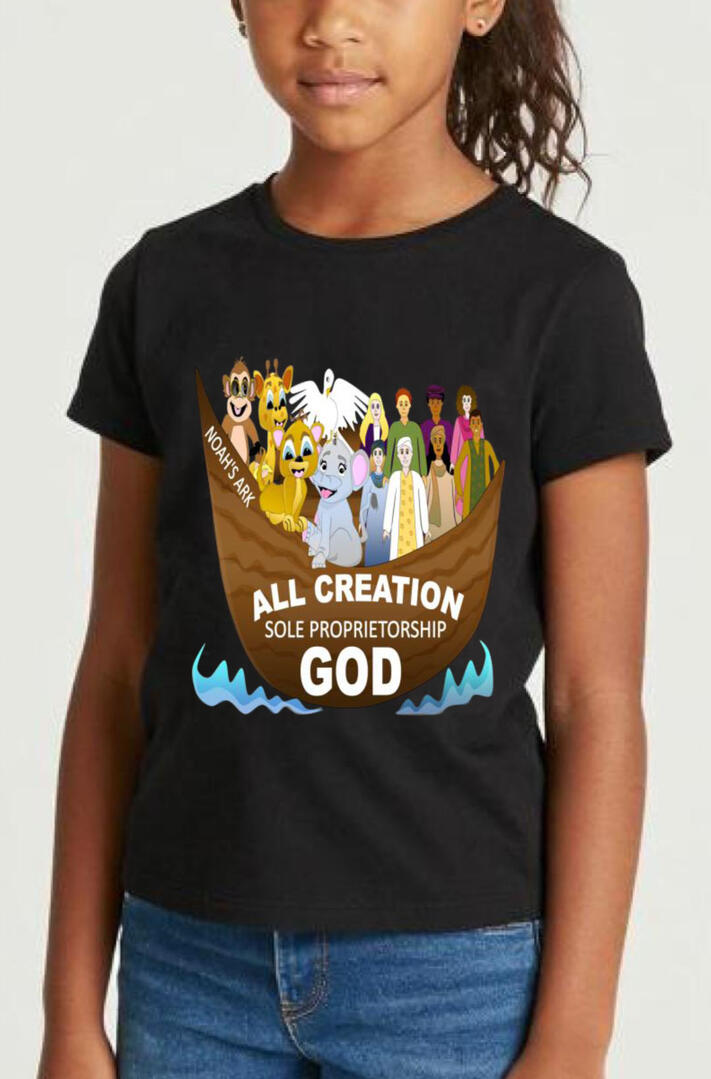All Creation Sole Proprietorship Girl's Christian T-shirt, featuring noah's ark boat, animals and people,