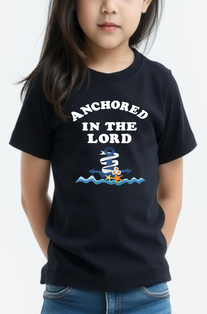 Anchored In The Lord Girl's Christian T-shirt, featuring a boat anchor, starfish, and flowers.