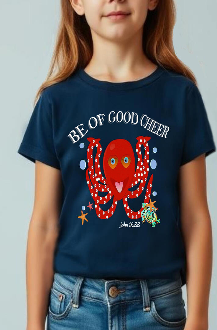Be Of Good Cheer Girl's Christian T-shirt, featuring a red octopus, starfish, and a turtle.