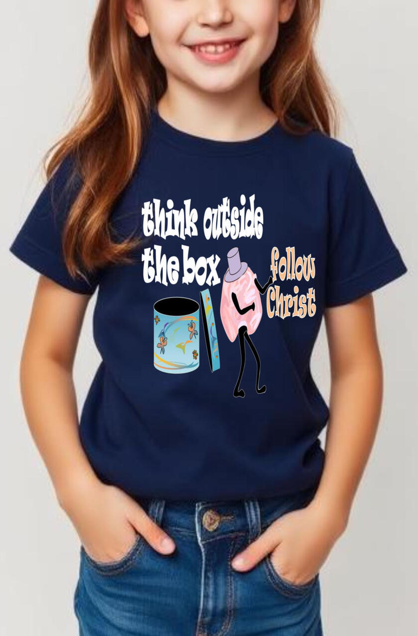 Think Outside The Box Follow Jesus Girl's Christian T-shirt, featuring a cartoon brain with a hat, and a blue decorative round box.