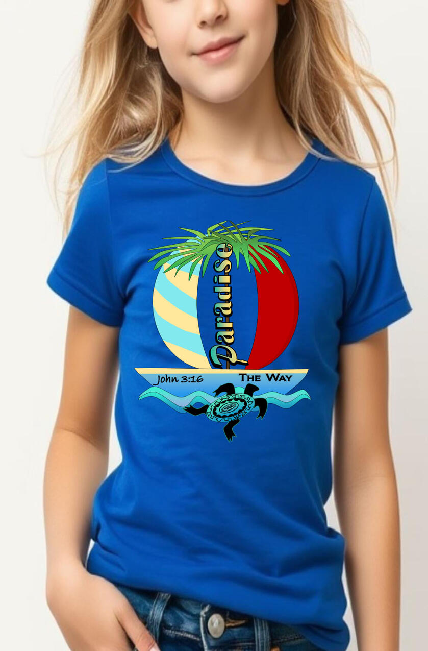 Paradise Girl's Christian T-shirt, featuring a sailboat, palm tree, turtle, and scripture.