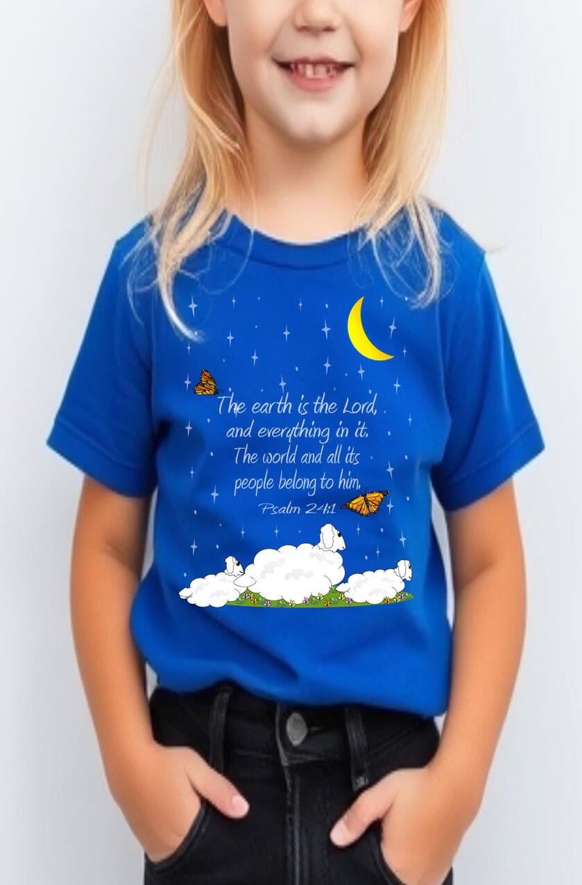 Starry Sky, The Earth Is The Lord's And The Fullness Thereof Girls Christian T-shirt, featuring a lamb, a moon, and stars.