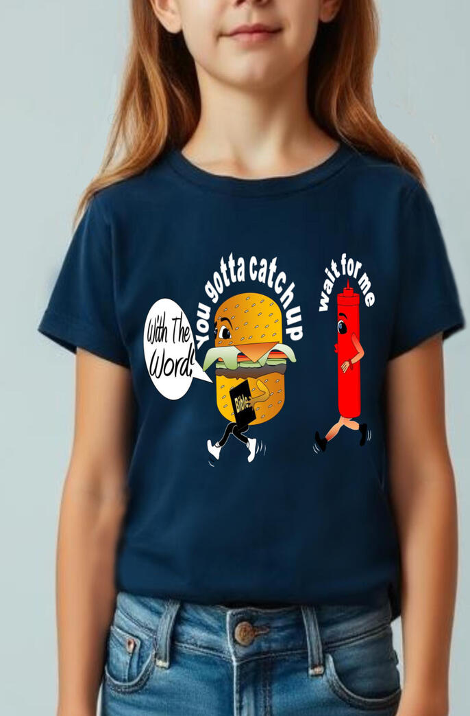 Catch Up With The Word Girl's Christian T-shirt, featuring a funny fully loaded hamburger carrying a Bible, and a ketchup running after it.